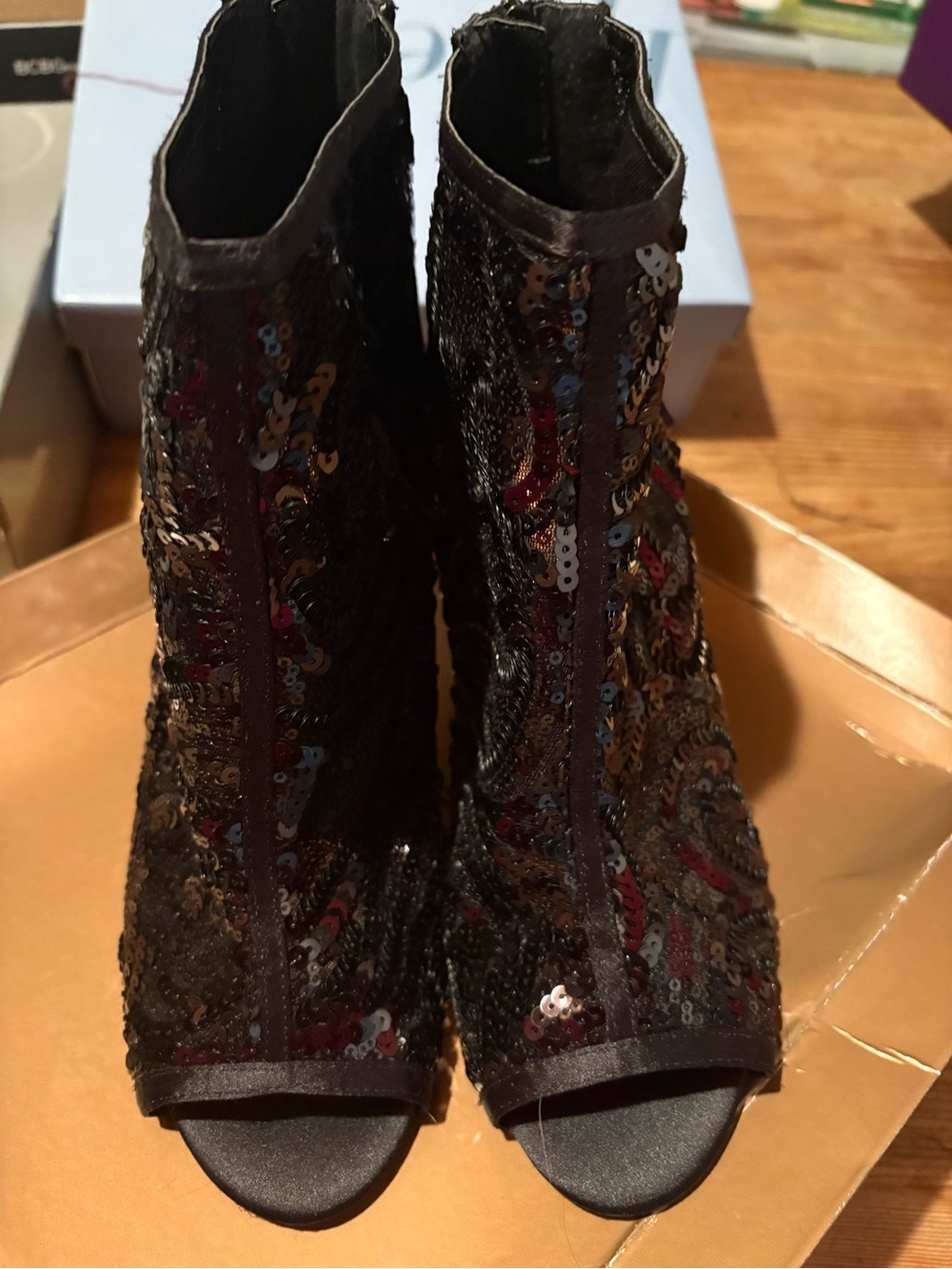 Audrey Brooke Black Sequin Open-Toe Ankle Booties